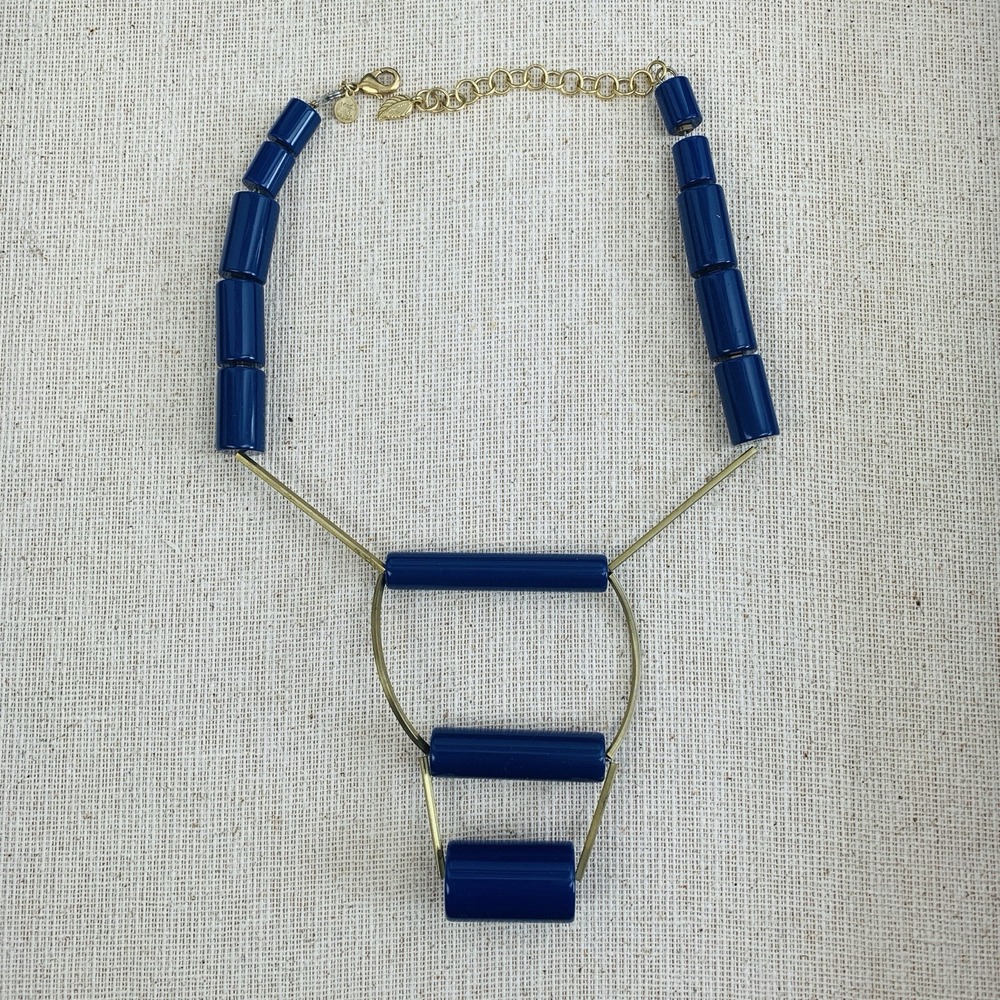 Anthropologie David Aubrey Statement Necklace Brass Blue Artsy Unique Chunky